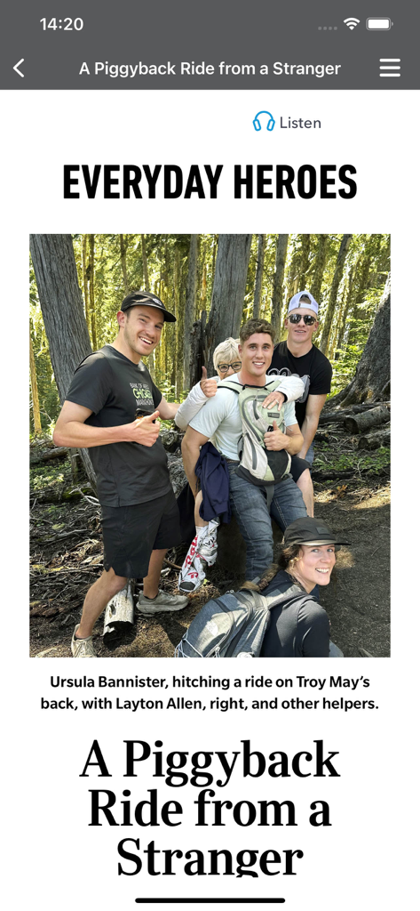 Reader's Digest app displaying an Everyday Heroes story titled A Piggyback Ride from a Stranger with a photo of hikers.