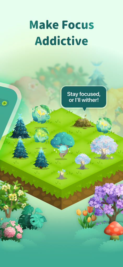 Forest: Focus for Productivity - An isometric digital garden in the Forest app featuring diverse colorful trees and a focus reminder speech bubble.
