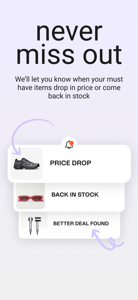 Karma app notifications for price drops back in stock items and better deals found
