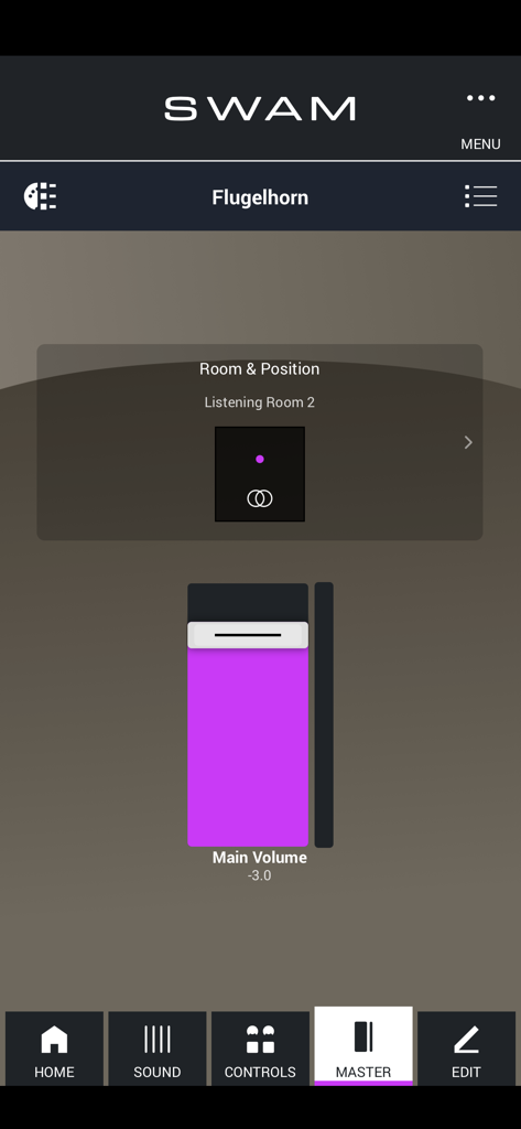 SWAM Flugelhorn app master tab with main volume and room position settings