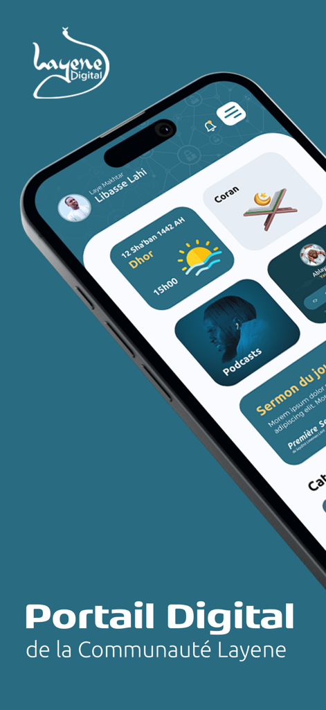 Layéne - Layene Digital mobile app interface showing prayer times and religious content