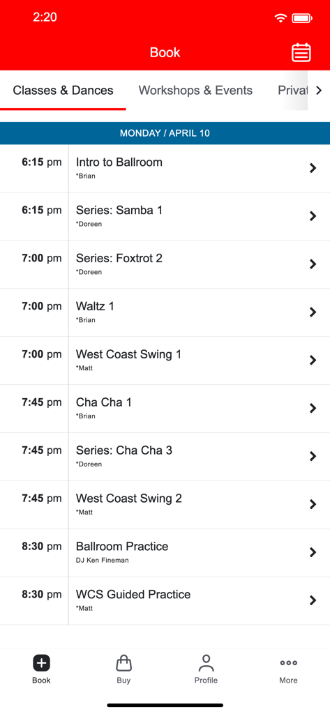 Mobile app interface displaying a schedule of ballroom and swing dance classes for booking