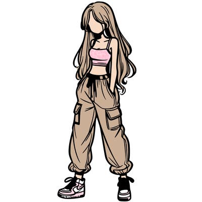 girl in baggy pants crop top and long hair