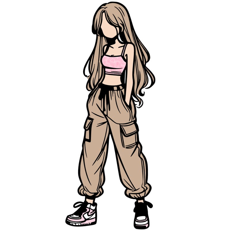girl in baggy pants crop top and long hair