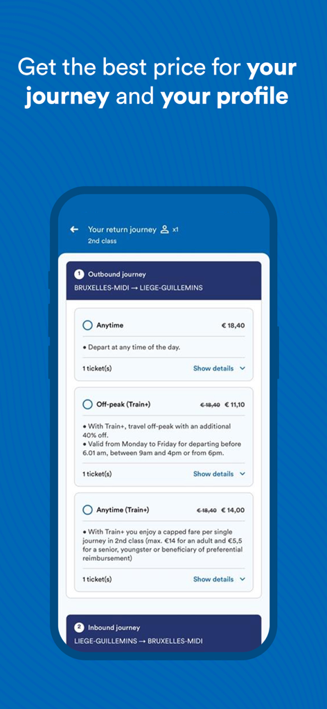 Interfaccia dell'app mobile SNCB che mostra diverse opzioni di prezzo dei biglietti per un viaggio in treno da Bruxelles a Liegi