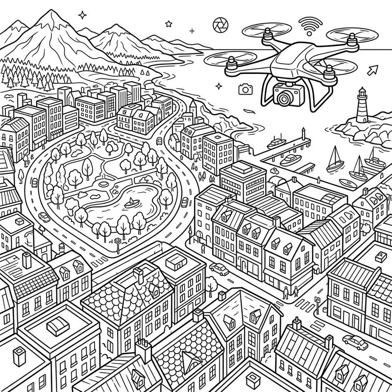 Take flight with this intricate aerial photography coloring page, showcasing a sprawling city from a drone's unique perspective. Discover the joy of bringing this detailed urban landscape to life with your favorite colors.