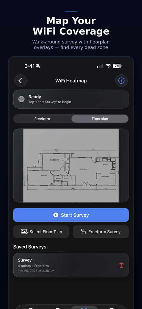 WiFi Heatmap interface in NetMonitor Mobile showing a floorplan survey