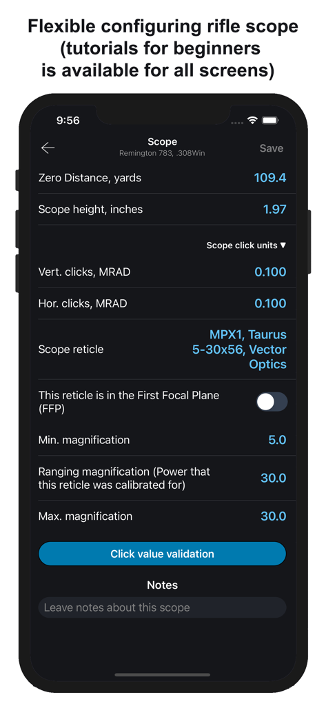 Chairgun Elite Ballistic Tool - Rifle scope configuration screen showing technical parameters like zero distance and reticle details