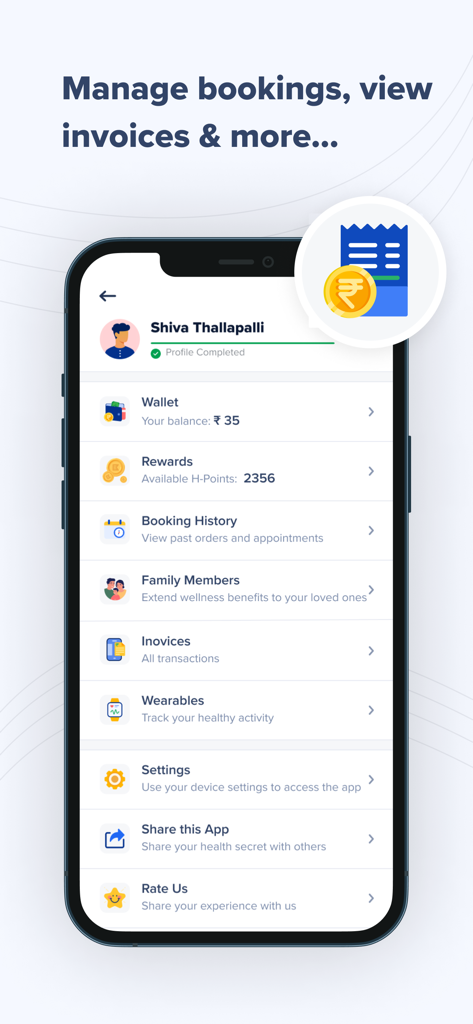 ekincare - User profile dashboard in the ekincare app showing health wallet rewards and booking history