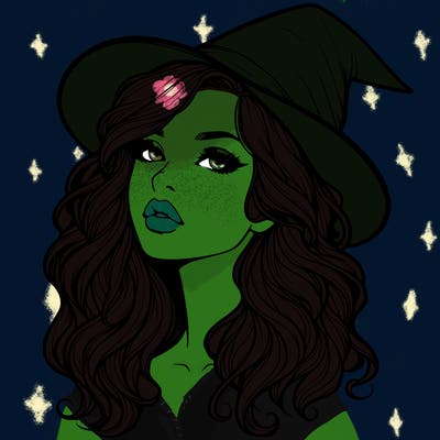 realistic witch girl with wavy hair and lips