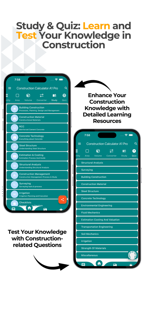Construction Calculator A1 Pro - Mobile app screens showing construction study materials and engineering quizzes for professionals and students.