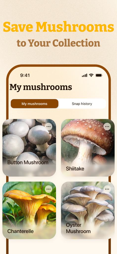 Mushroom ID - Identifier App - キノコ識別アプリのギャラリーに、シャントレルやシイタケなどの保存された種が表示されています。