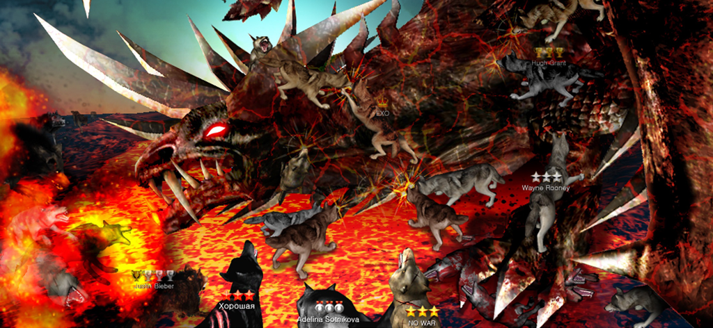 화산 용암 환경에서 거대한 붉은 용을 공격하는 늑대 무리