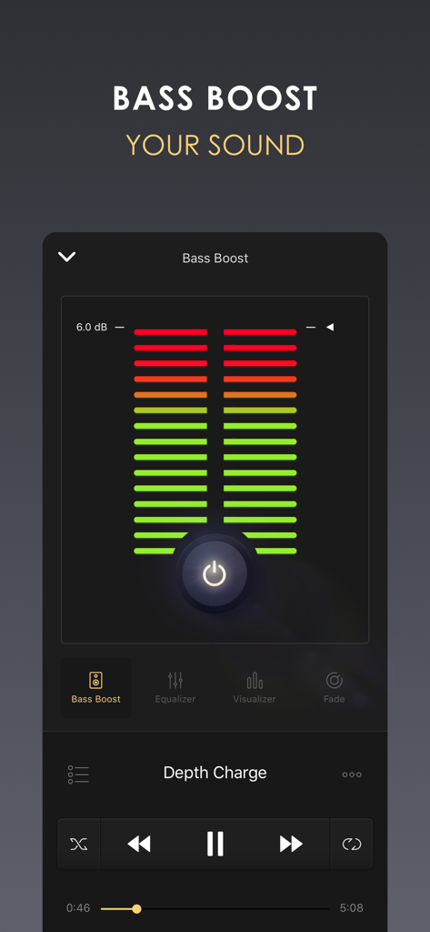 Equalizer plus HD music player interface showing the bass boost feature