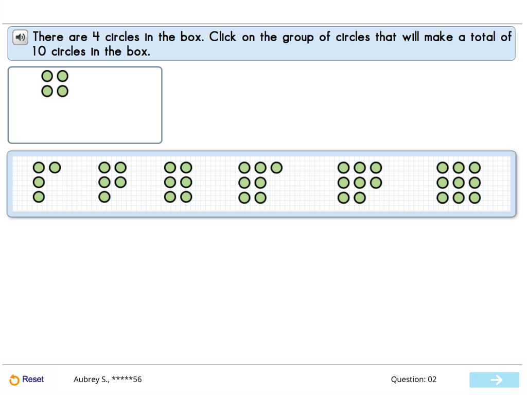 NWEA Secure Testing - Una pregunta de evaluación de matemáticas de escuela primaria en la aplicación NWEA Secure Testing que pide a los estudiantes completar un conjunto de círculos