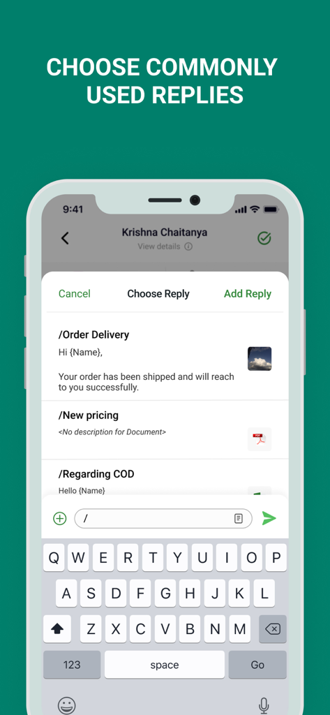 Interface of Interakt app showing a menu to choose commonly used quick replies for customer conversations