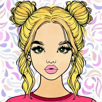realistic girl with two buns in hair and lips