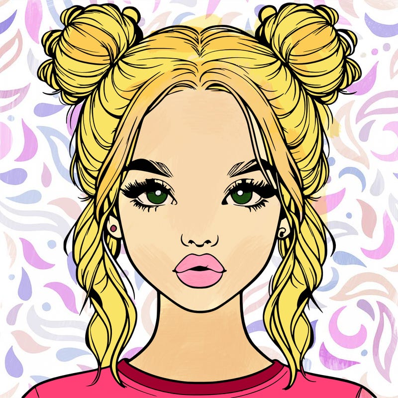 realistic girl with two buns in hair and lips