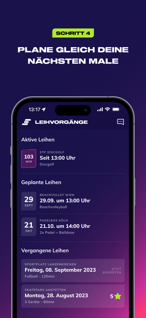Interface of the Sportogo app showing active and planned sports equipment rentals