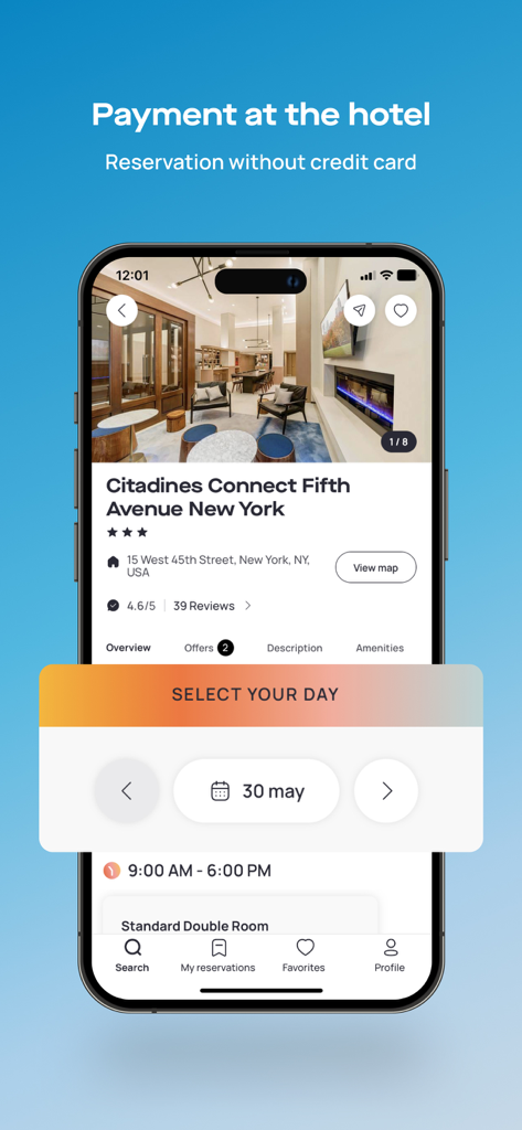 Mobile app interface for Dayuse showing hotel booking in New York with payment at hotel feature