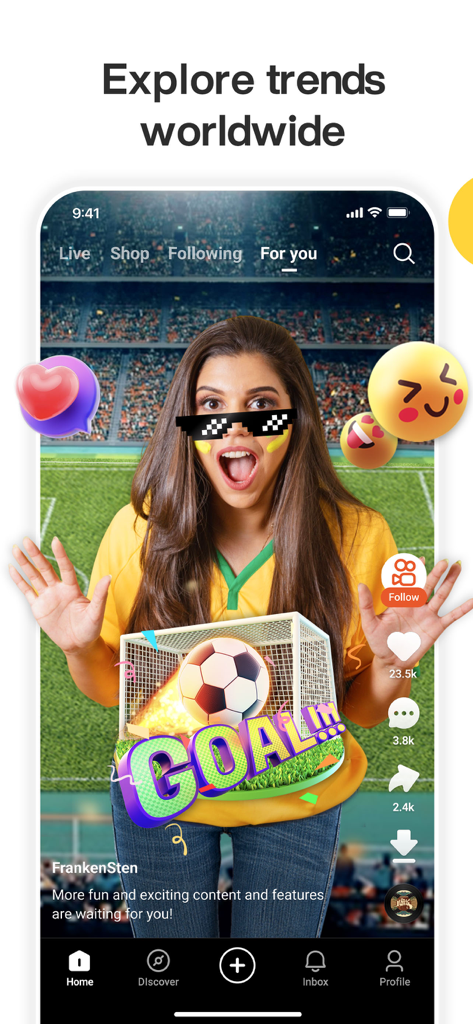 Kwai app screenshot showing a woman celebrating a soccer goal with magic effects and social media engagement buttons.