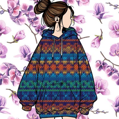 realistic girl with a oversized sweatshirt on and a bun