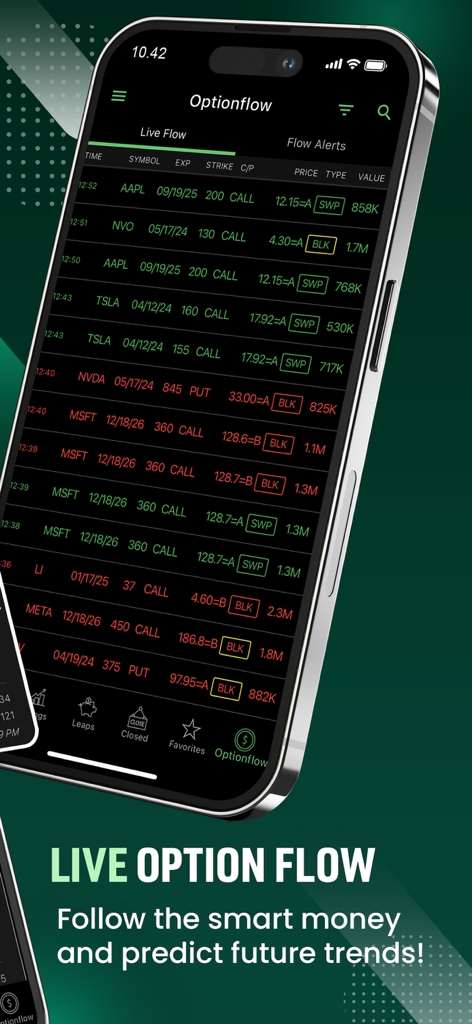 Option Signals - Live Alerts - Screenshot of the Option Signals app showing real-time option flow and market data