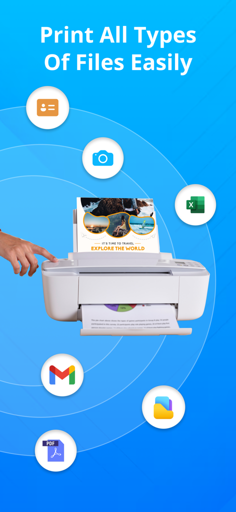 Smart Printer: Printer App - Interfaz de la aplicación Smart Printer que muestra la impresión inalámbrica para archivos PDF, Excel de Gmail y fotos