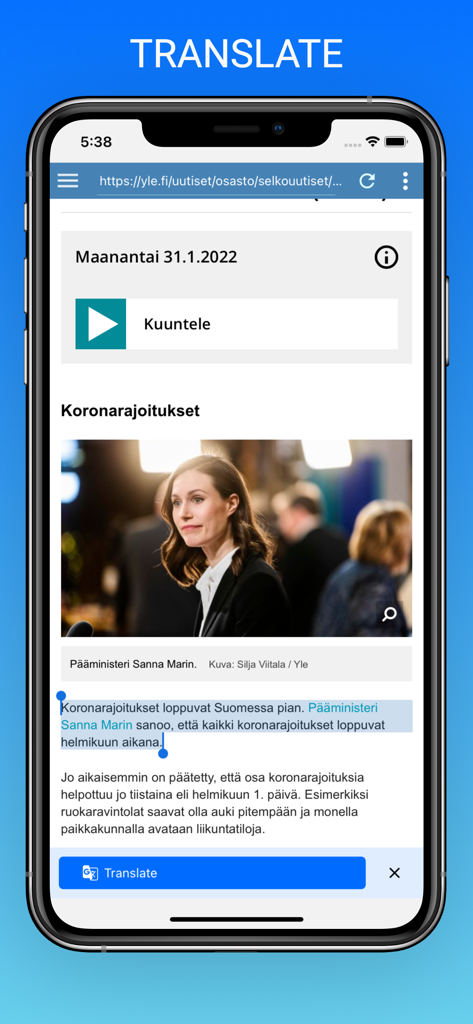 ReadLang WatchLang - ReadLang WatchLang app interface showing a news article in Finnish with a highlighted sentence and a translate button