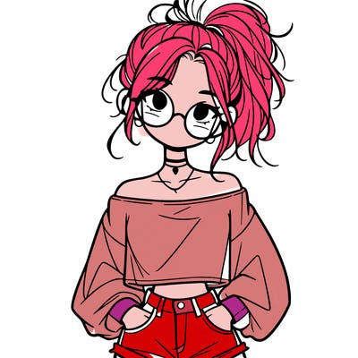 girl with a messy ponytail glasses a baggy crop top and jean shorts