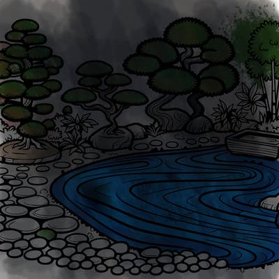 a serene zen garden with raked gravel, bonsai trees, and tranquil ponds