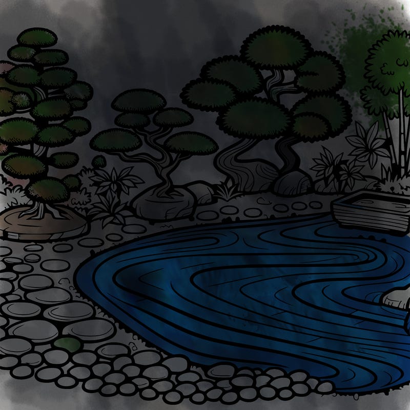 a serene zen garden with raked gravel, bonsai trees, and tranquil ponds