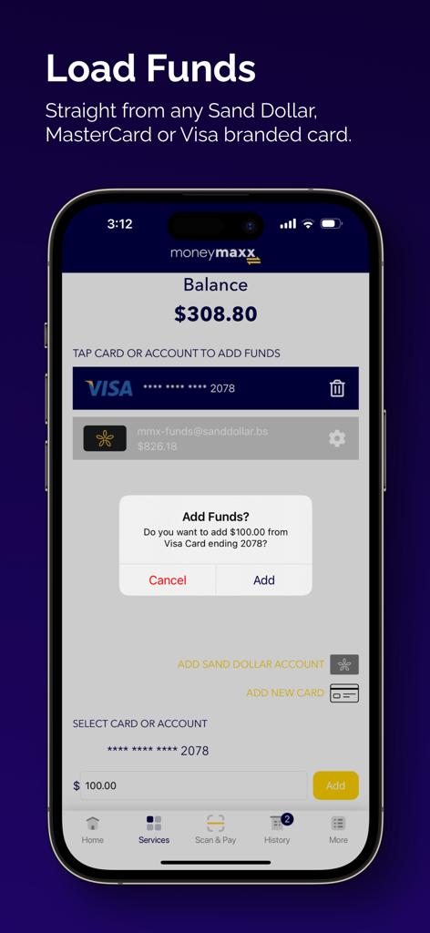 MoneyMaxx - MoneyMaxx mobile Wallet App-Oberfläche zum Aufladen von Guthaben von einer Visa-Karte oder einem Sand Dollar-Konto