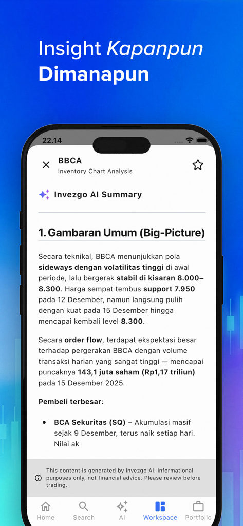 Invezgo - AI Saham - 技術的洞察を含むBBCAのAI生成株式分析概要を表示するInvezgoアプリインターフェース