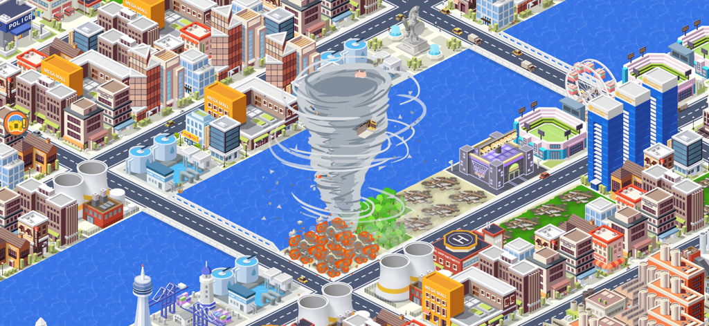 Un tornado causando destrucción en una metrópolis en City Craft Building Sim