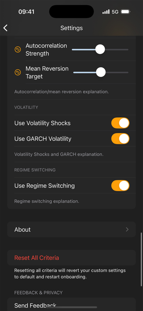 ボラティリティモデルとレジームスイッチングのカスタマイズ可能なシミュレーションパラメータを表示するBitcoin Simアプリ設定画面
