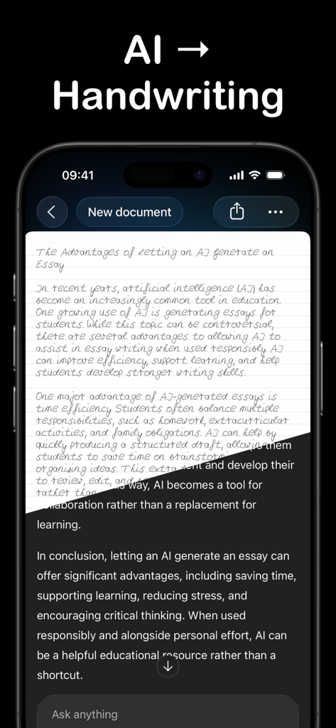 Conwrite – Text to handwriting - Smartphone screen showing the Conwrite app converting AI generated text into realistic handwriting on digital lined paper