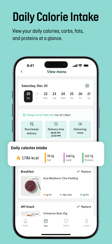 Kcal Meal Plans - Dashboard dell'app Kcal Meal Plans che mostra l'apporto calorico giornaliero e la consegna dei pasti programmata