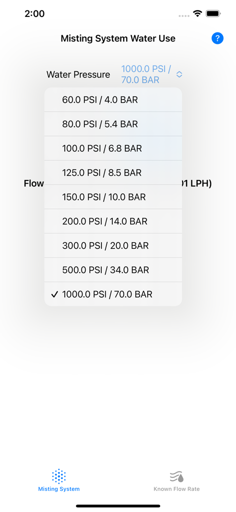 Interface of the Misting app showing a selection menu for water pressure in PSI and BAR units