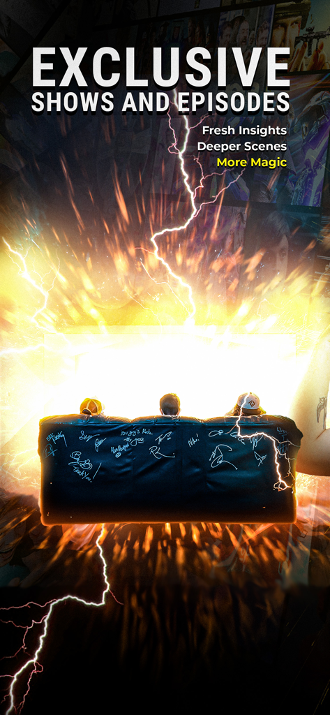 Corridor Digital - Three people watching exclusive shows on a glowing screen with lightning effects in the Corridor Digital app.