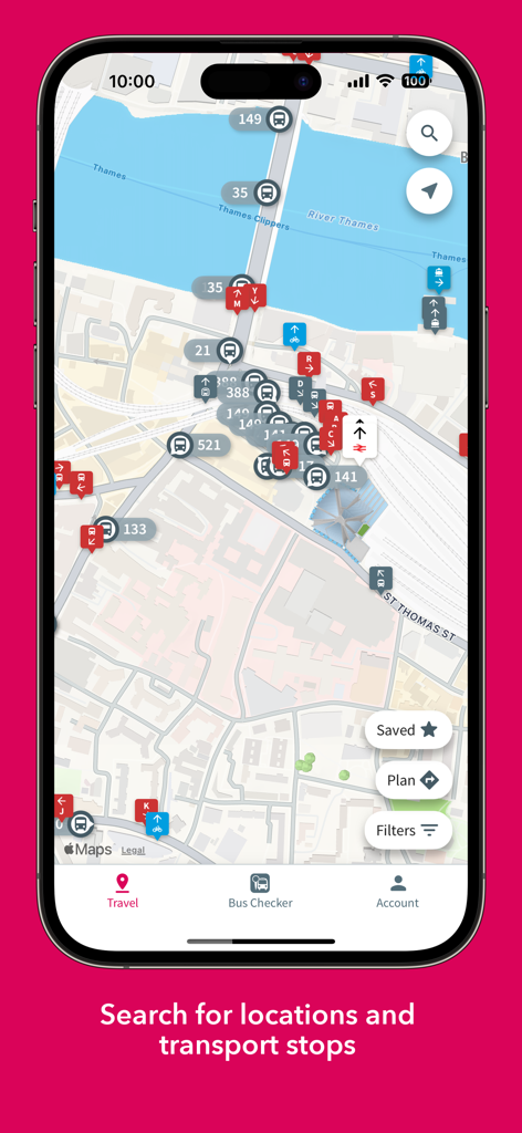 A mobile app screen showing a detailed map of London with various bus stop and transit icons