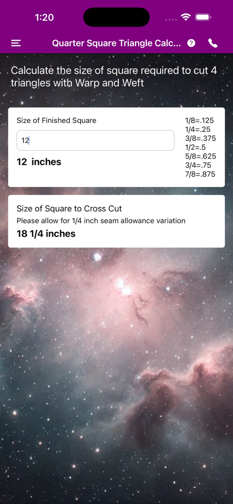 Screenshot of the Quarter Square Triangle Calculator screen in the Quick Quilt app calculating measurements for a 12 inch finished square.