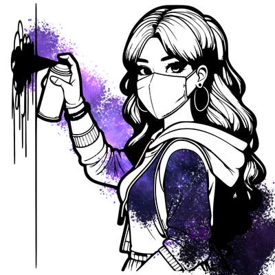 realistic girl with mask spray painting a wall