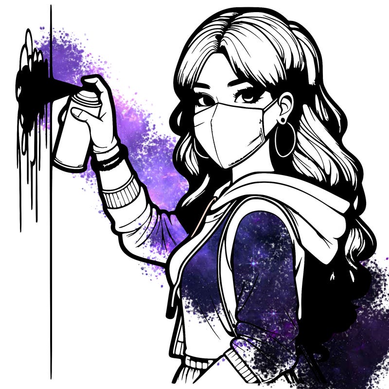 realistic girl with mask spray painting a wall