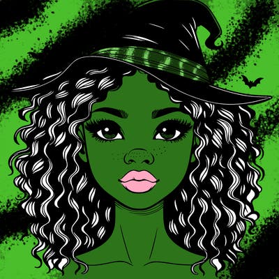 realistic black girl with wavy hair and witch hat and nose and lips