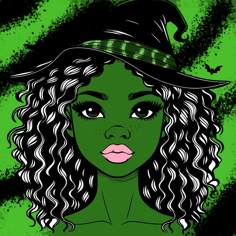 realistic black girl with wavy hair and witch hat and nose and lips