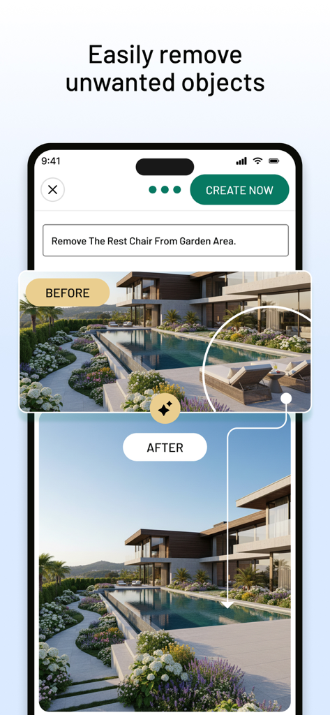 Ein Vorher-Nachher-Vergleich in der KI-Gartenplaner-App, der die Entfernung von Liegestühlen aus einem Poollandschaftsdesign zeigt.