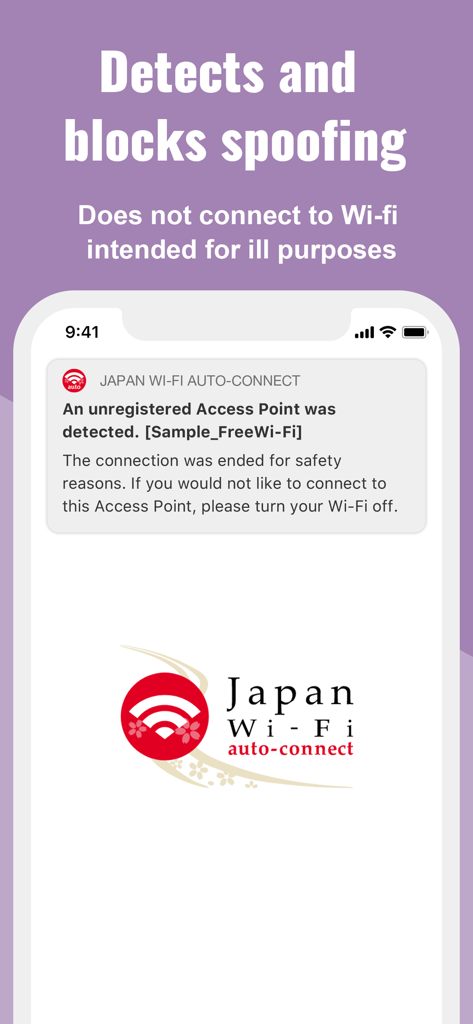 Uma notificação de smartphone do aplicativo Japan Wi-Fi auto-connect mostrando que ele bloqueou um ponto de acesso não registrado para proteger o usuário contra spoofing.