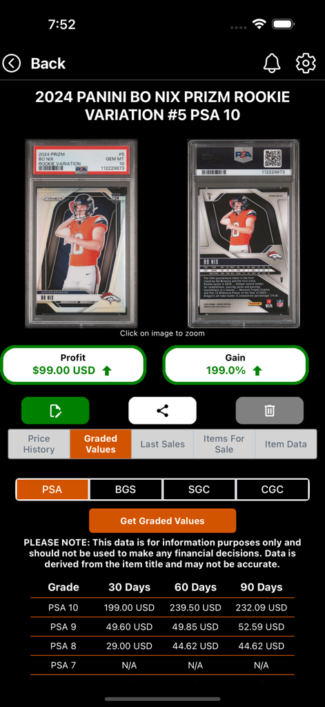 130 Point - Pantalla de la aplicación 130 Point que muestra el valor de mercado y las métricas de ganancias para una tarjeta deportiva rookie calificada