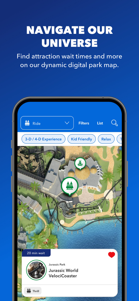 Interactive park map on the Universal Orlando Resort app with attraction wait times